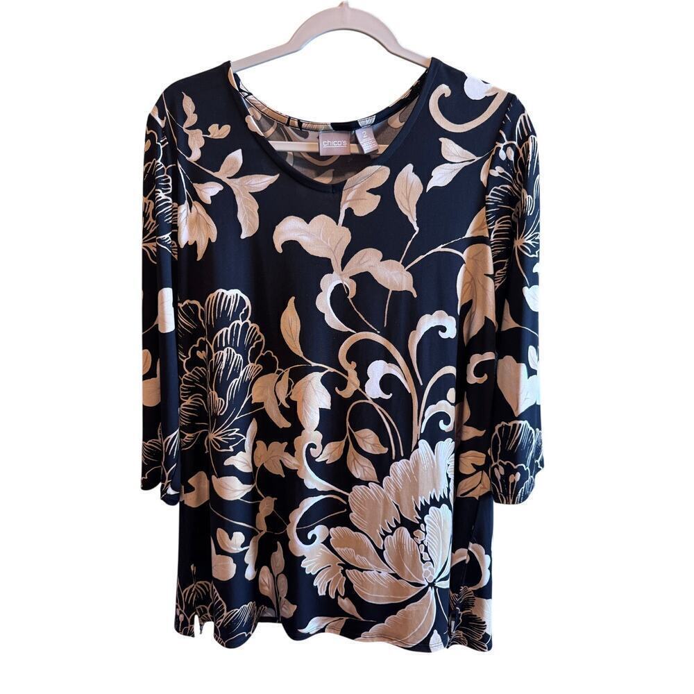 Chico's Women's Black Cream Tan Floral Julia 3/4 Sleeve Blouse Sz 2